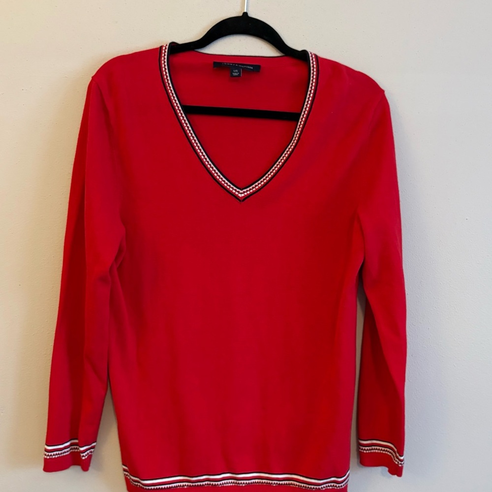 Tommy Hilfiger Red V-Neck Sweater with White Trim Women Large Valentine Red